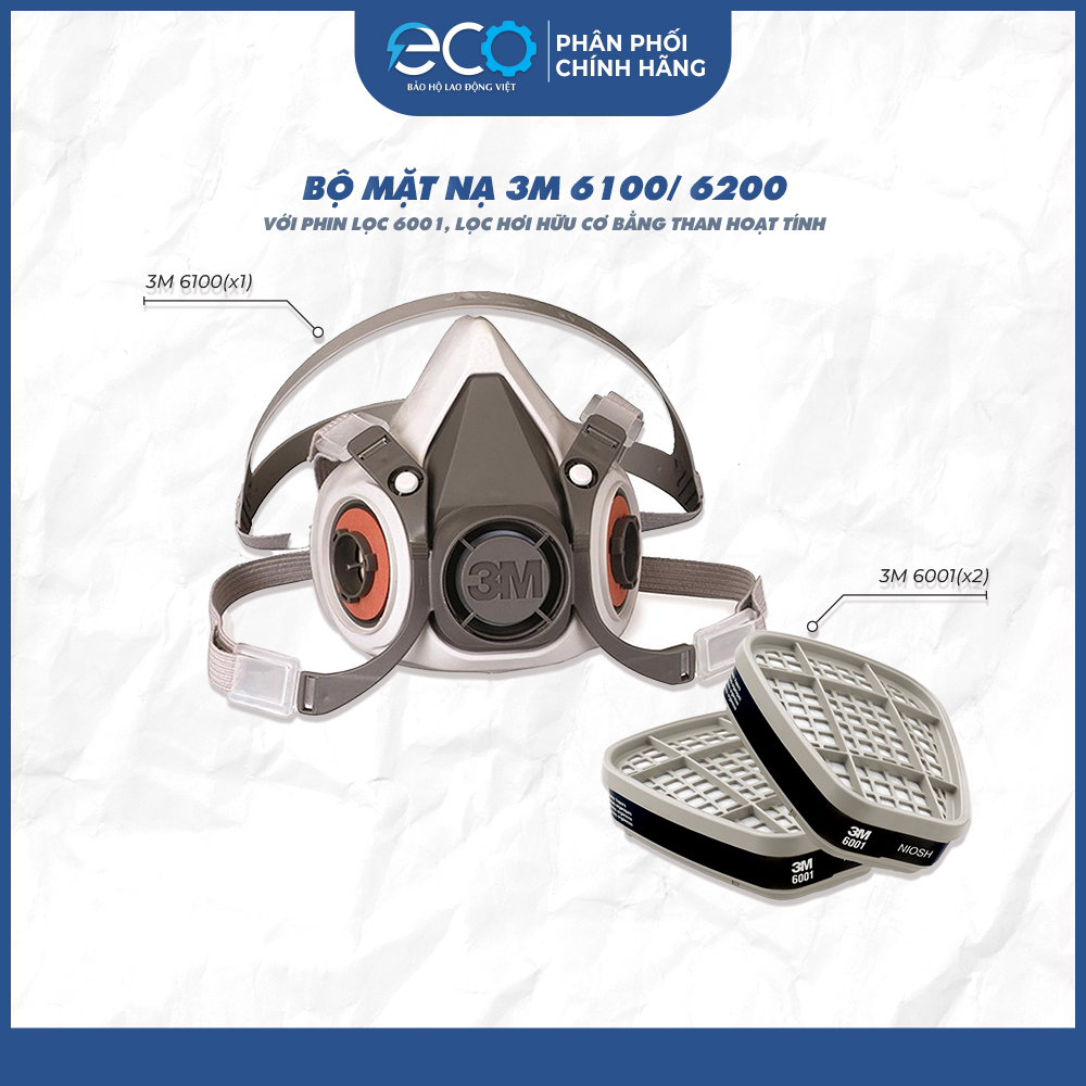 Bộ mặt nạ 3M lọc hơi hữu cơ 6100/ 6200 với phin lọc 6001, lọc hơi hữu cơ bằng than hoạt tính