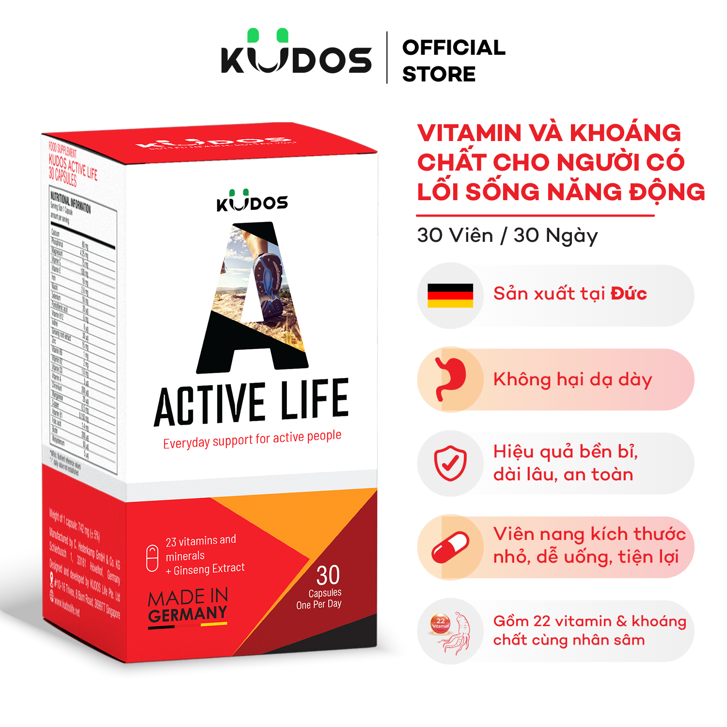 Viên Nang Bổ sung Vitamin và Khoáng Chất Tổng Hợp KUDOS ACTIVE LIFE (Hộp 30 Viên)
