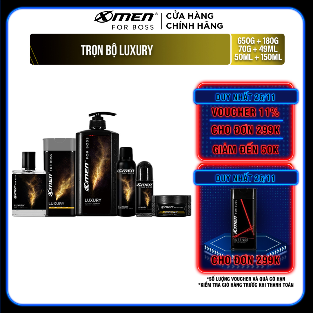 Combo X-Men For Boss trọn bộ mùi hương Luxury (49ml + 650g + 150ml + 70g + 50ml + 180g)