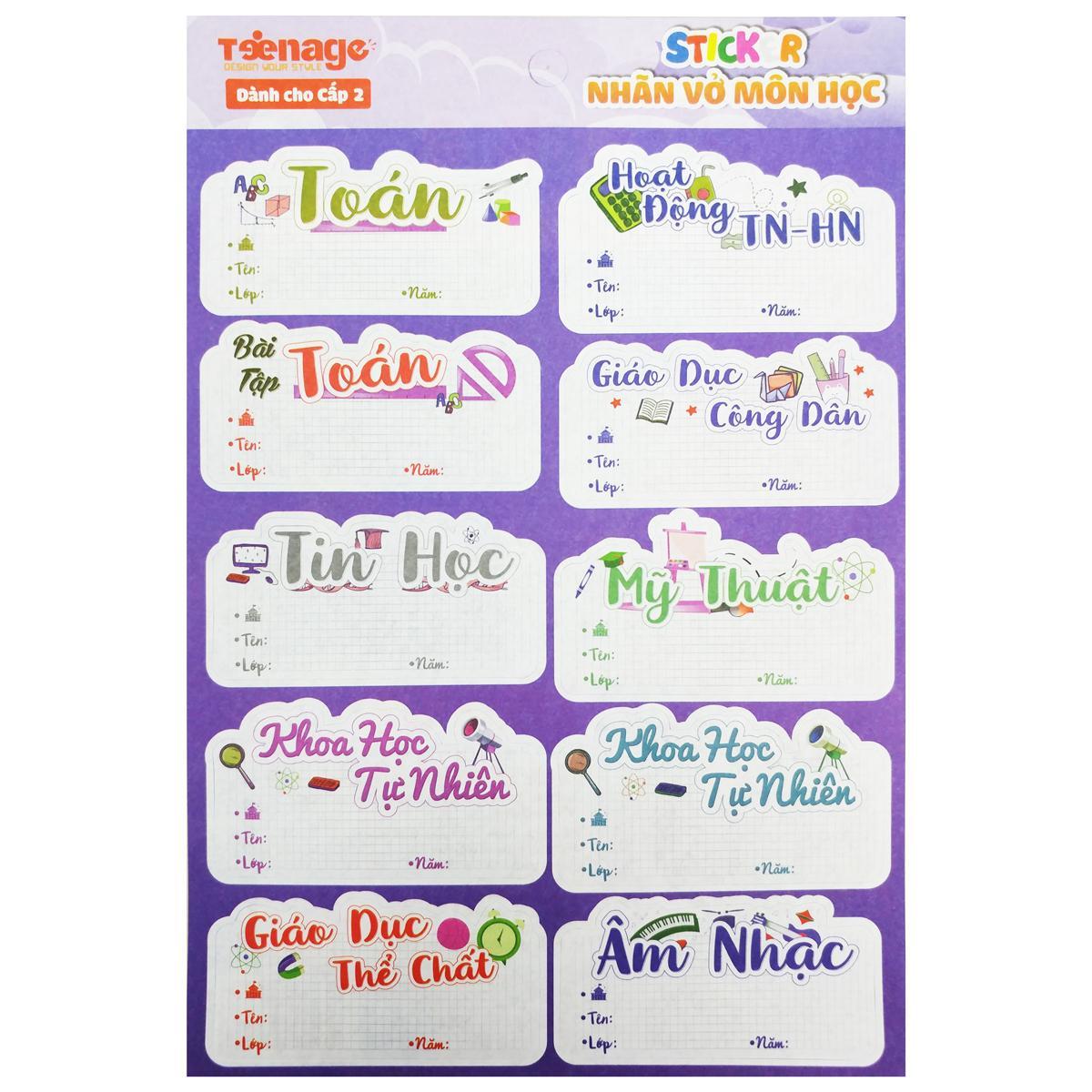 Sticker Nhãn Vở Môn Học - Teenage NV-06 - Cấp 2 (3 Tờ/Xấp)