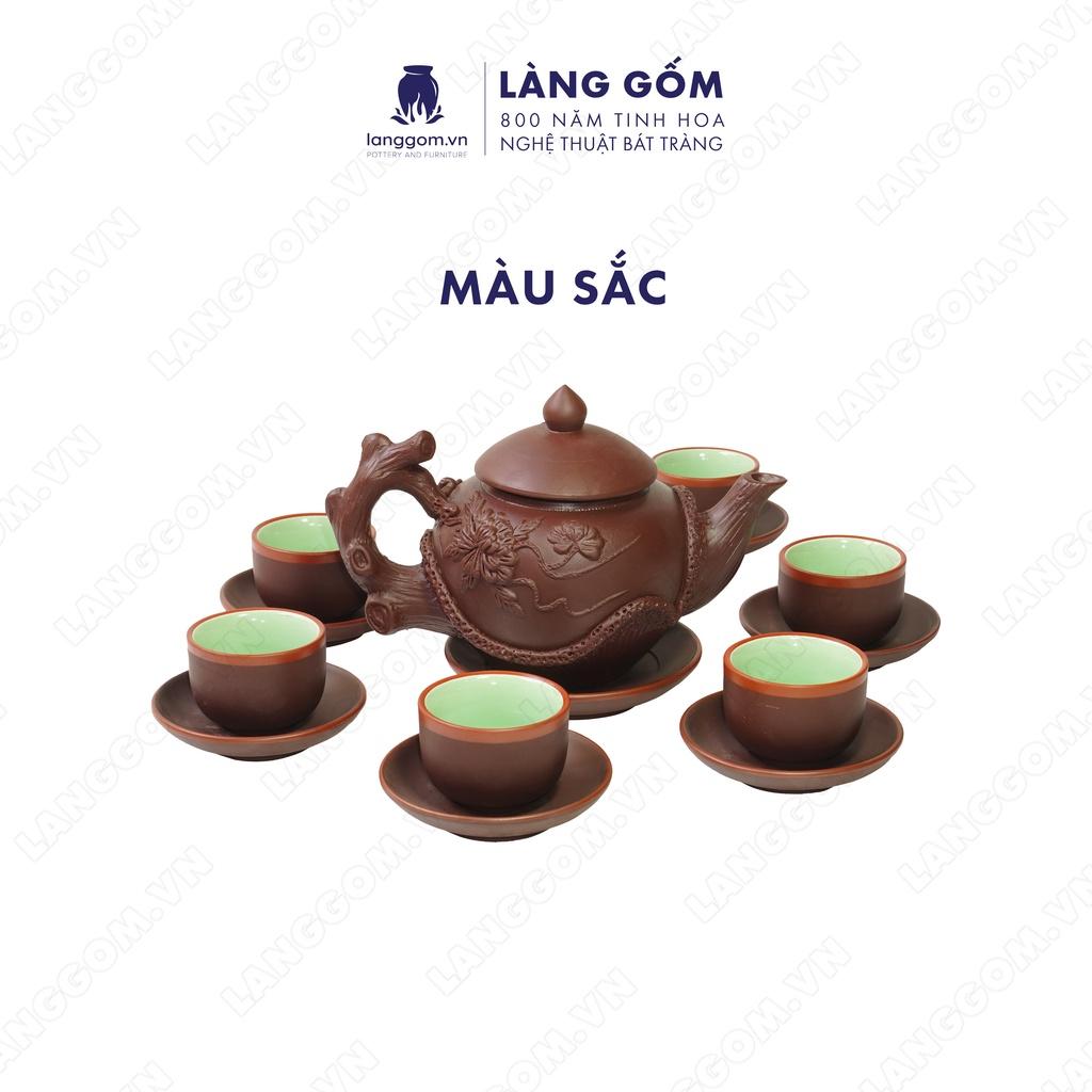 Bộ ấm chén đất nung gốc cây + đĩa tách - Men mộc - Gốm sứ Bát Tràng - langgom.vn