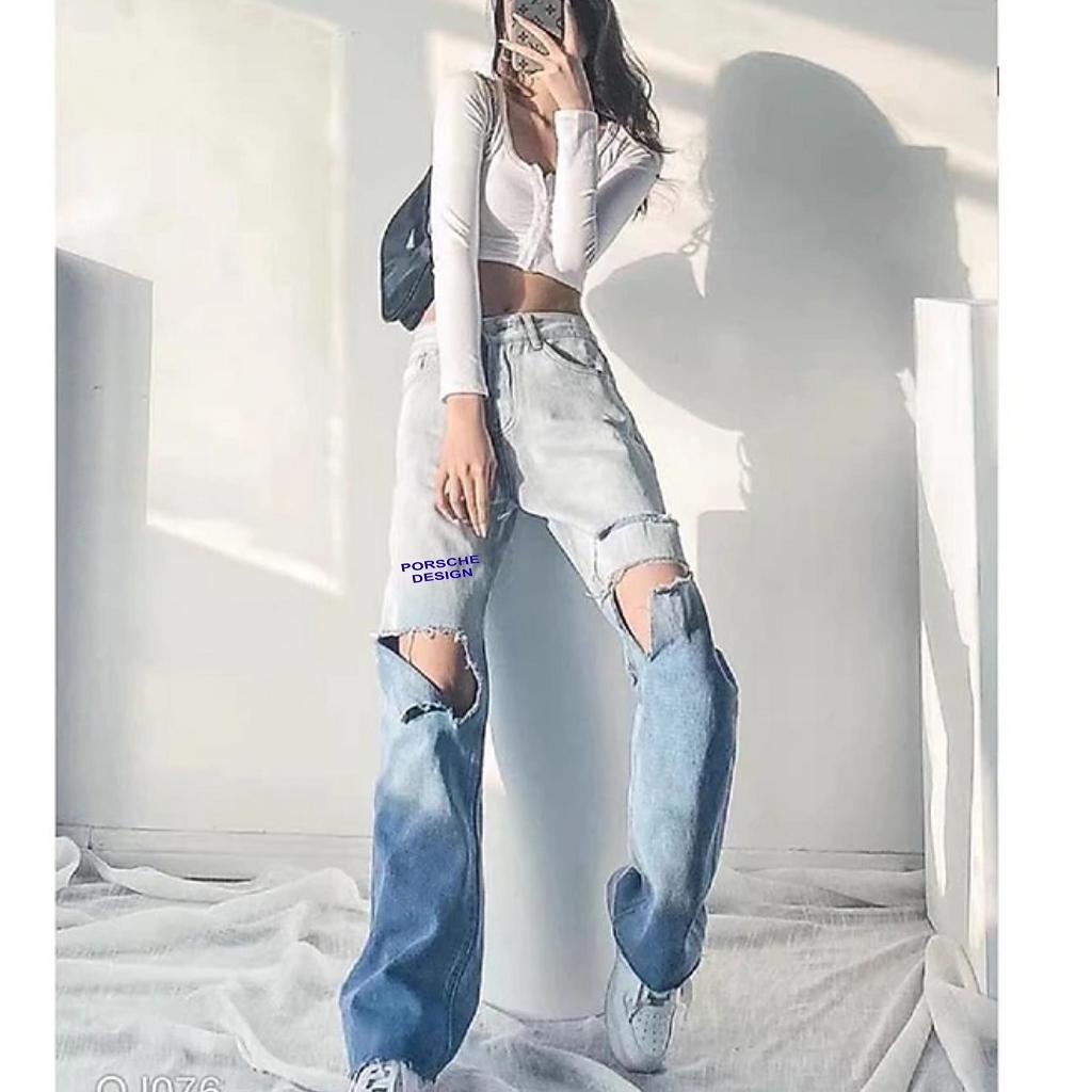 Quần jean baggy nữ loang màu in chữ cạp cao phong cách ulzzang - Quần bò baggy lưng cao loang màu rách gối in chữ