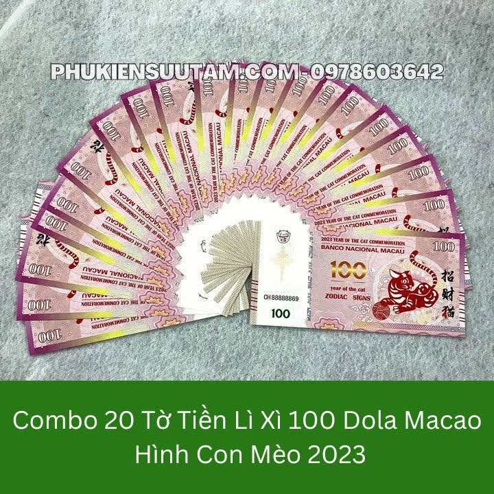 Combo 20 Tờ Lì Xì 100Dollar Macao Hình Con Mèo 2023, kích thước: 15.5cmx7.5cm, màu trắng- SP005438