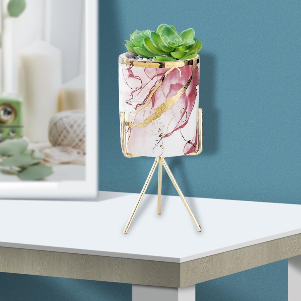 2x Ceramic Succulent Flower Planter Iron Pot Shelf Stand Home Decor