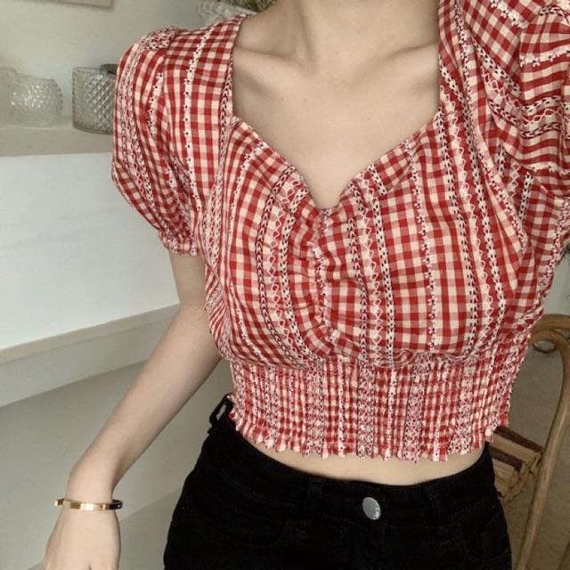 Áo croptop caro tay bồng nữ summer 2020