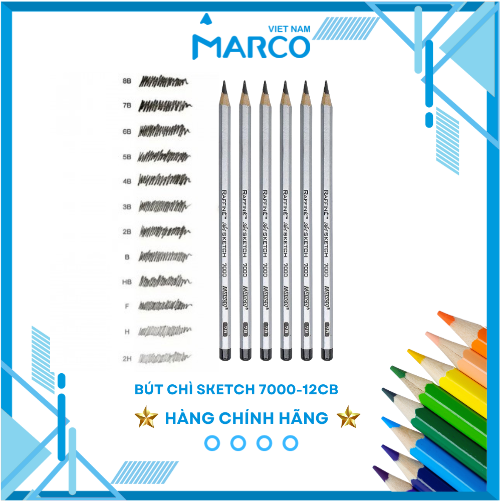  Combo 6 Bút Chì Sketch Marco Lõi F dùng vẽ Sketch Art , vẽ phác thảo chuyên nghiệp 7000-12CB