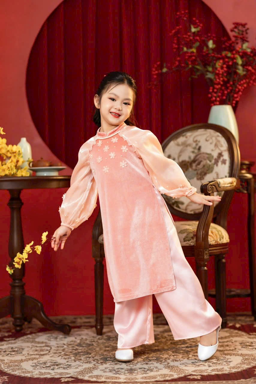 Áo dài cách tân bé gái, Set áo dài tết cho bé 1-10 tuổi đính hoa tay voan hàng thiết kế điệu đà thời trang