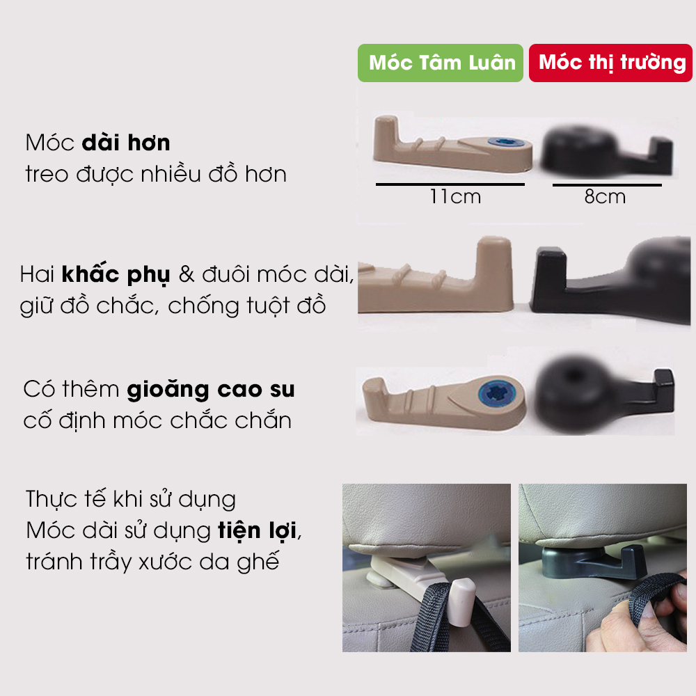 Móc treo đồ ô tô, xe hơi, gài lưng ghế, chắc chắn chịu lực tốt, phụ kiện oto Tâm Luân