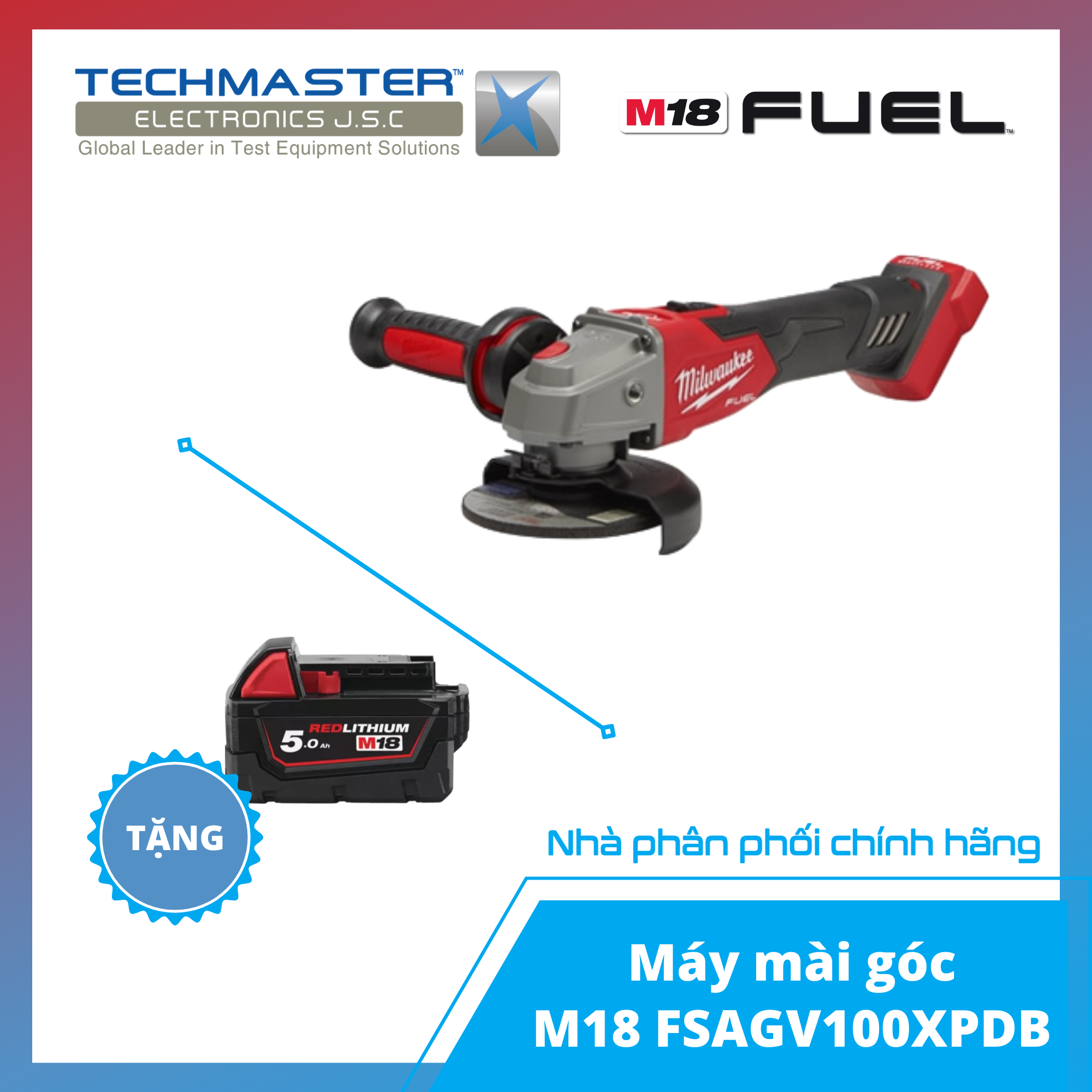 Máy mài góc Milwaukee M18 FSAGV100XPDB-0X0 + TẶNG PIN 18V 5.0Ah-M18B5 (Hàng chính hãng Bảo hành 12 tháng)