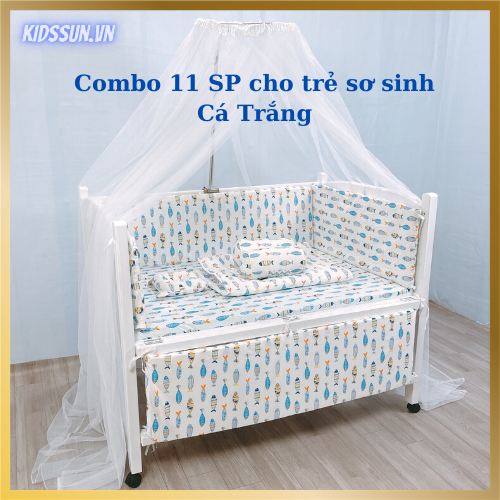 Giường Cũi - Nôi Cũi  Cho Bé Từ Sơ Sinh Đến 5 Tuổi - Chất Liệu Gỗ Quế Màu Trắng – Combo đầy đủ 11 sản phẩm cho trẻ sơ sinh Kích thước 70 x 110 x 86cm ( R x D x C ) 