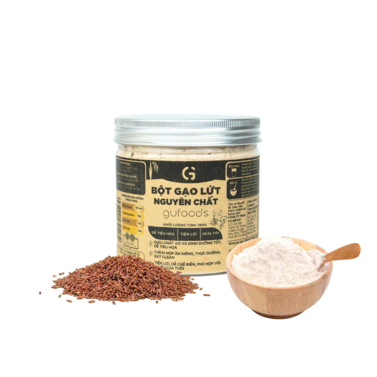 Bột Gạo Lứt Nguyên Chất GUfoods (Hũ 250g) - Tiện Lợi, Healthy, Dễ Tiêu Hoá, Eat Clean, Thực Dưỡng, Thuần Chay, Nấu Cháo