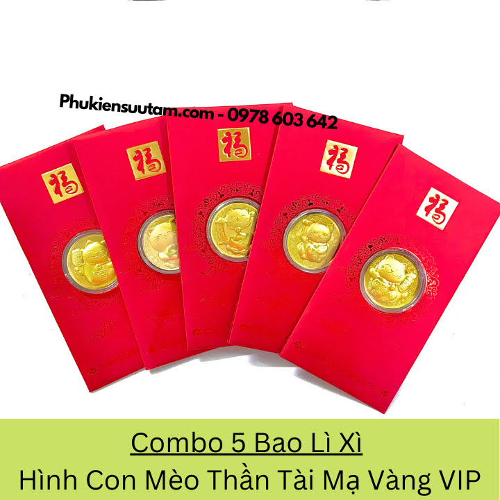 Combo 5 Bao Lì Xì Hình Con Mèo Thần Tài Mạ Vàng VIP, kích thước: 17cmx8cm, màu đỏ - SP005923