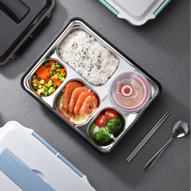 Combo 5 Khay Đựng Cơm 5 Ngăn Inox Có Nắp Đậy Chống Tràn Có Cốc Đựng Canh và Đũa Thìa Inox
