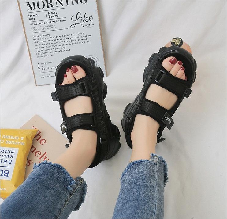 Giày sandal nữ quai dán vải dù 3 màu đế cao 5cm phong cách Ulzzang S118