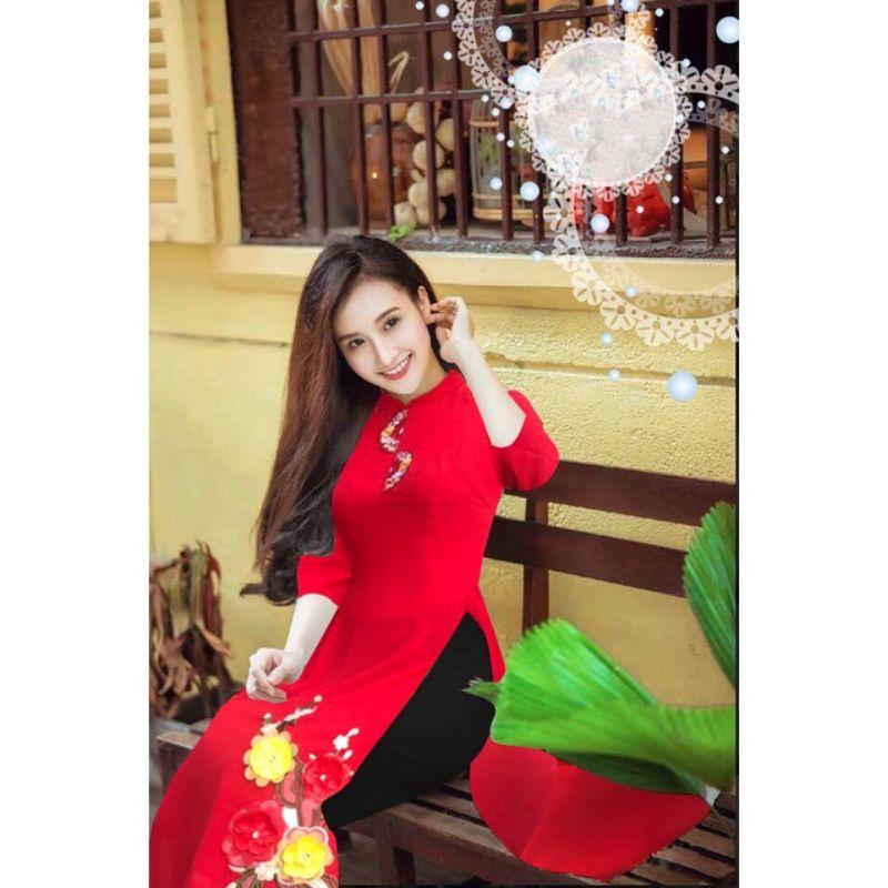 SET ÁO DÀI CÁCH TÂN ĐỎ KẾT HOA VẢI
