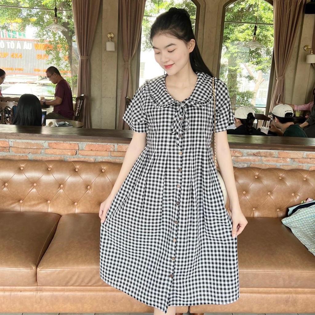 Đầm bầu karo cổ bèo thắt nơ dáng suông dễ thương, trẻ trung, năng động - Nâu