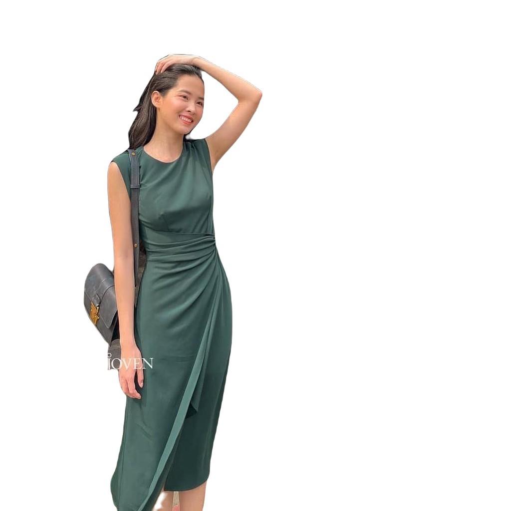 JOVEN-Đầm độn vai xanh lá/vàng/nude