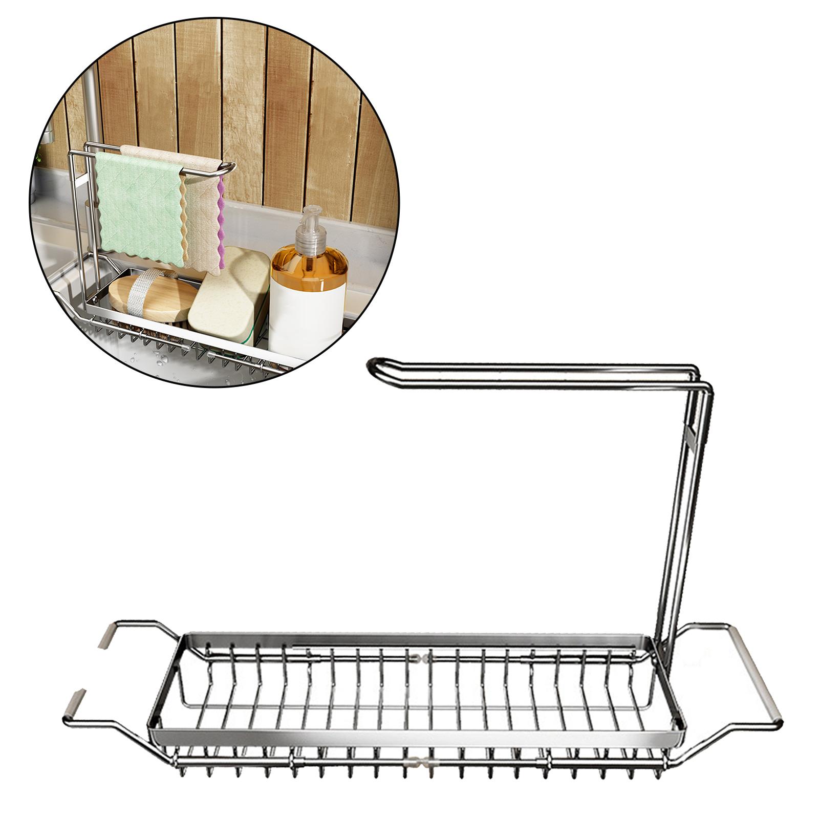 Over the Sink Storage Rack Organzier Adjustable Sponge Holder Drain Basket with Dish Towel Hanger
