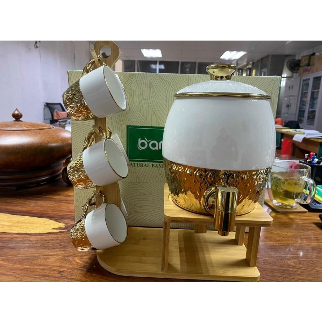 BỘ BÌNH TRÀ BOM, ĐỰNG NƯỚC UỐNG GỐM SỨ CAO CẤP CÓ VÒI, 6 CỐC VÁT VÀ GIÁ TREO CỐC TRẮNG