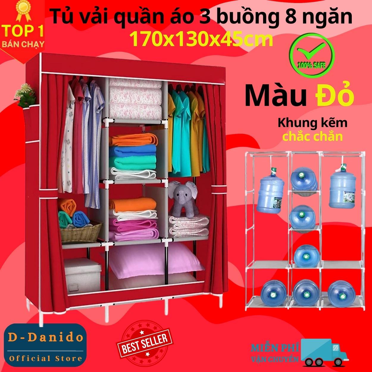 Tủ quần áo 3 buồng 8 ngăn cao cấp thế hệ mới, Tủ vải quần áo khung Inox vững chắc chất lượng cao - Hàng chính hãng D Danido
