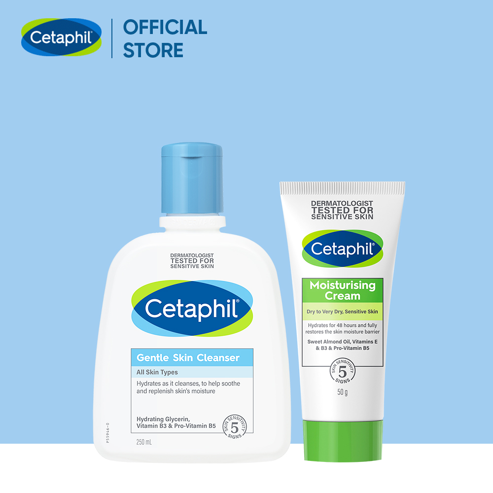 Combo Làm sạch và Dưỡng ẩm cho da nhạy cảm Sữa rửa mặt Cetaphil Gentle Skin Cleanser 250ml + Kem dưỡng ẩm Cetaphil Moisturizing Cream 50g