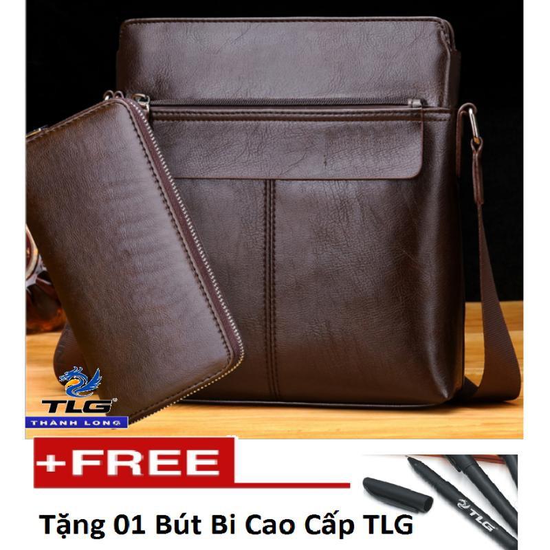 Bộ đôi túi nam đeo chéo + ví nam dáng dài Thành Long TLG 208264 tặng 01 bút bi cao cấp TLG K 410