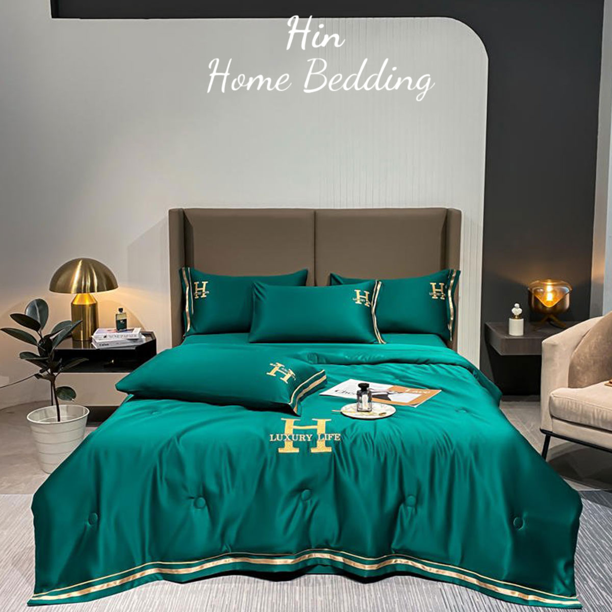 Bộ Chăn Ga Gối Đệm 5 Món Chăn Phao Lụa Thái Hin Home Bedding Drap Giường Lụa Mẫu Xanh Lá