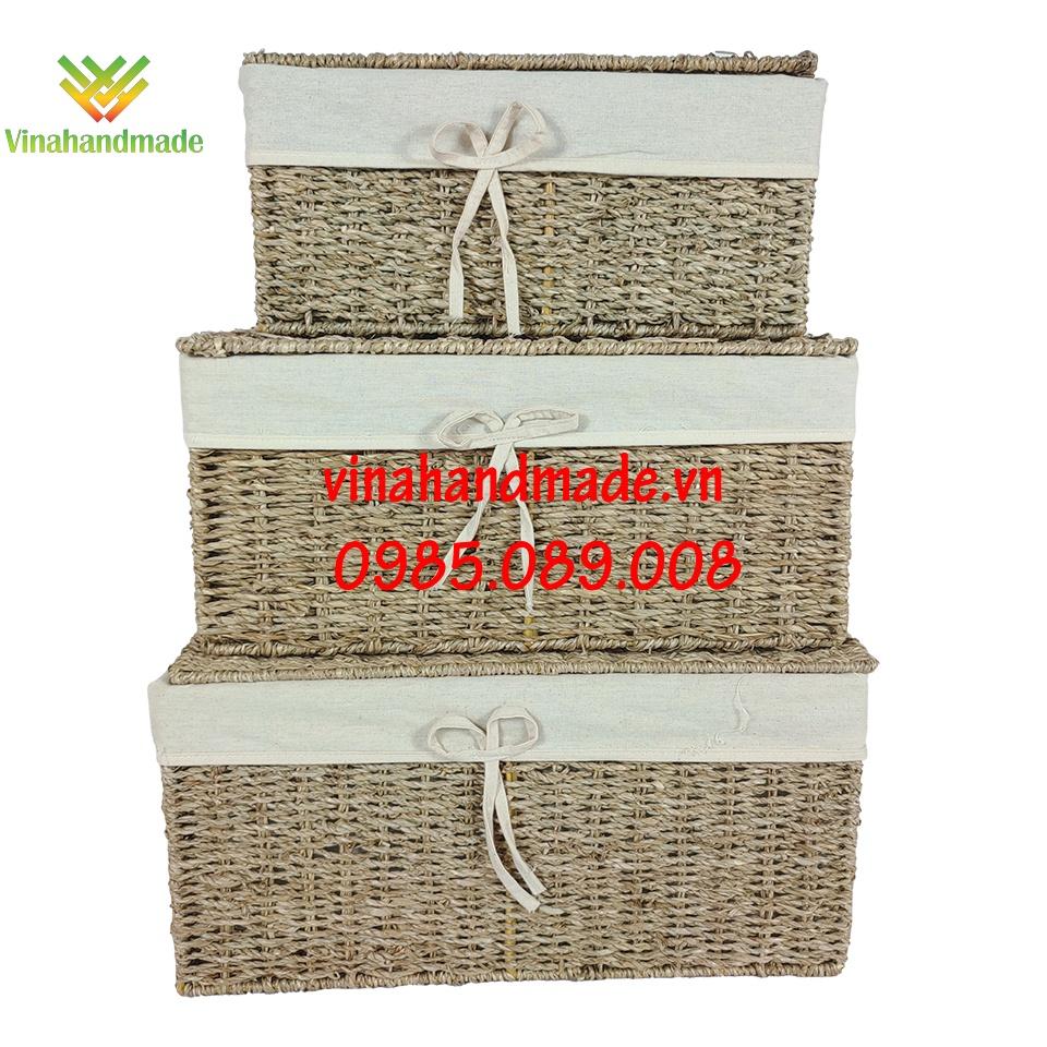 Bộ 3 giỏ cói khung sắt đựng đồ chữ nhật đan trơn VINAHANDMADE 31VNHM001