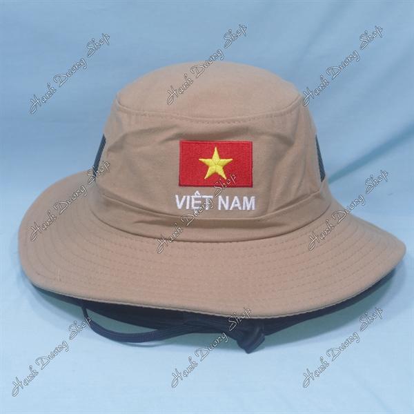 Nón tai bèo nón lính nam thêu Lá Cờ Việt Nam, có lỗ thông gió bên hông nón - Kaki đậm