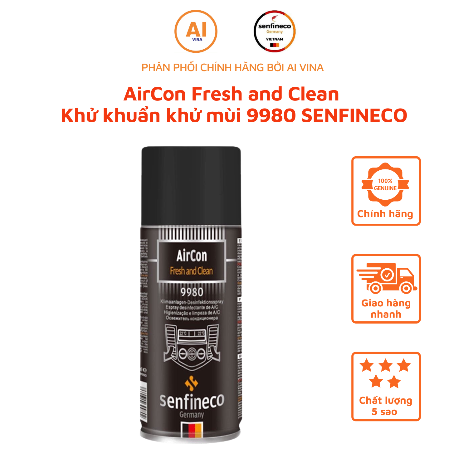 Xịt Khử Mùi Nội Thất Điều Hòa Ô Tô Senfinecon Aircon Fresh and Clean 9980 Hương Chanh Nhẹ Nhàng Dễ Chịu 200ml