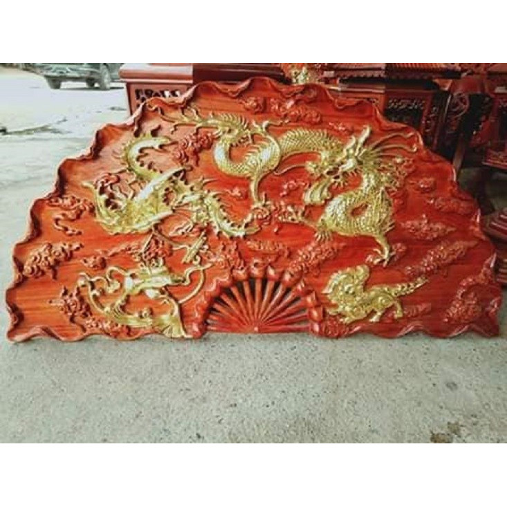 Tranh gỗ treo tường quạt tứ linh - gỗ hương đỏ