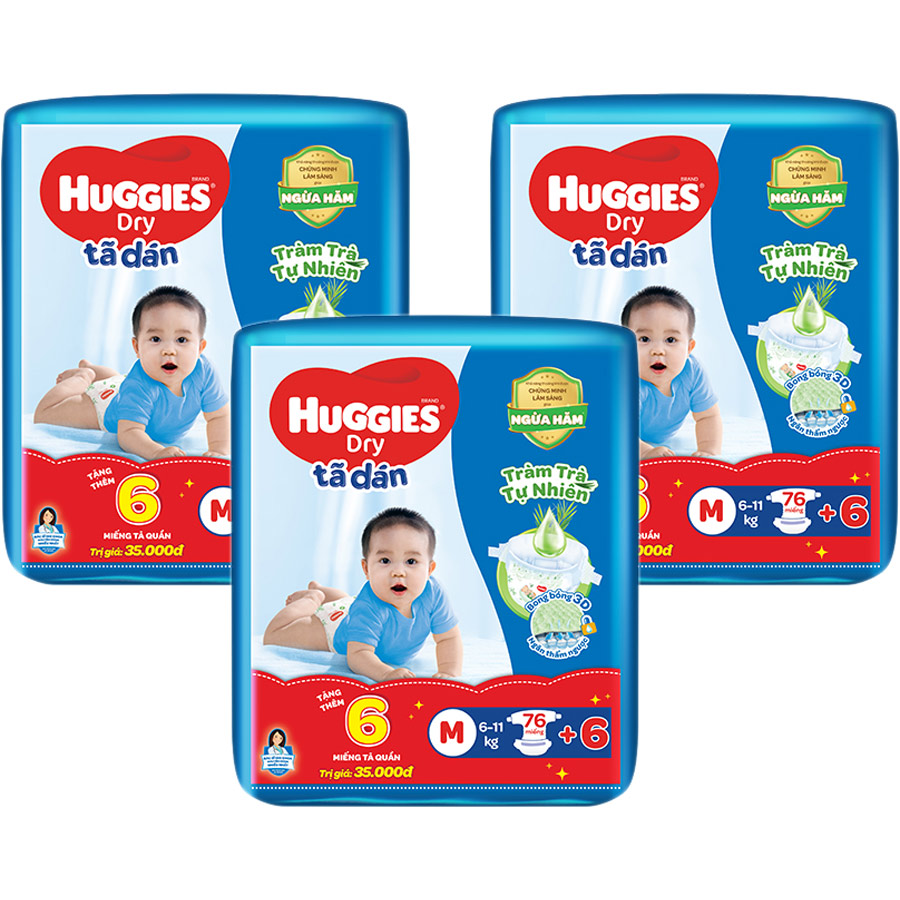 Combo 3 Tã dán HUGGIES DRY SUPER JUMBO M76 (6-11kg) - Gói 76 miếng + Tặng 6 miếng