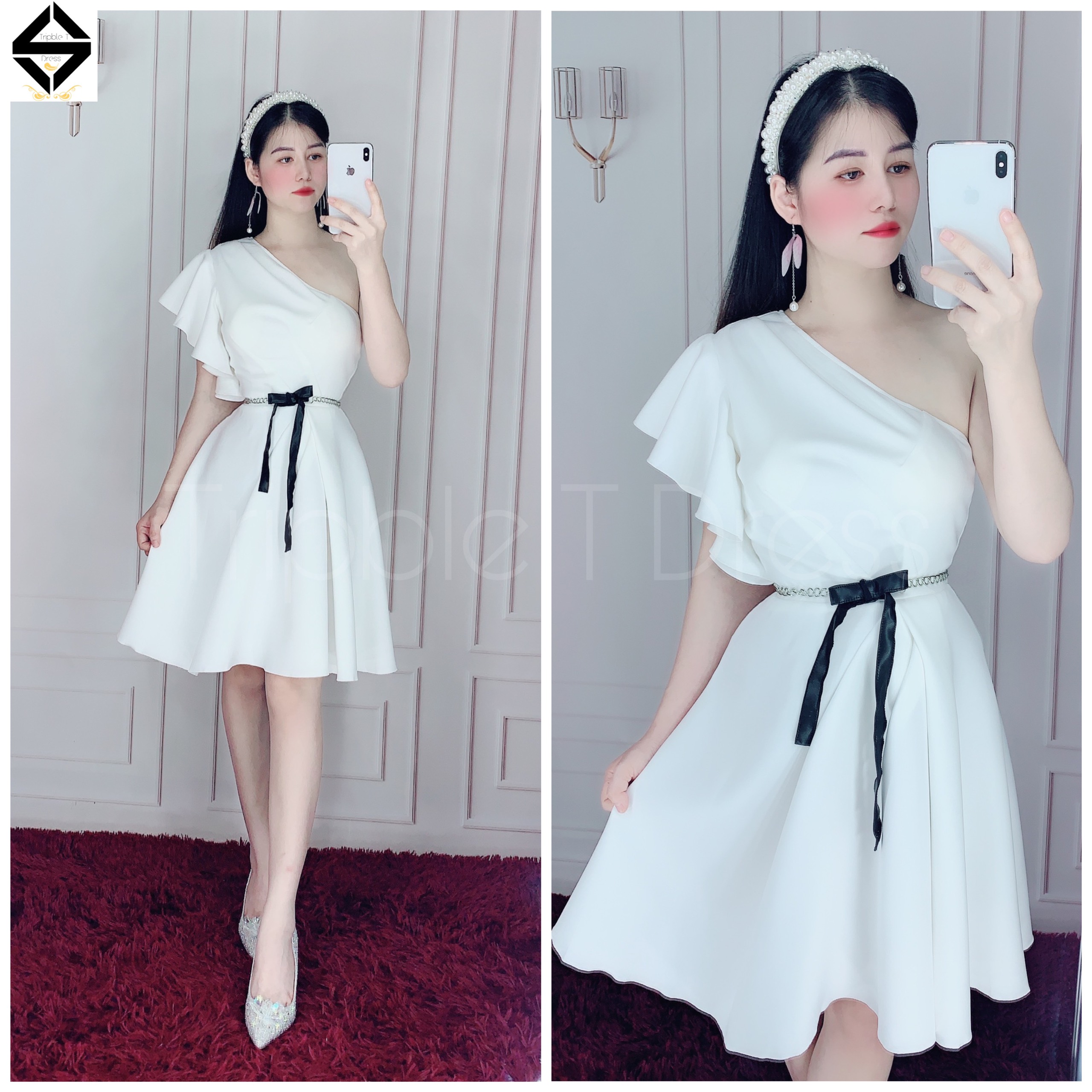 Đầm dự tiệc lệch vai kèm đai eo y hình TRIPBLE T DRESS - size M/L/XL ( ảnh/video thật) MS154V