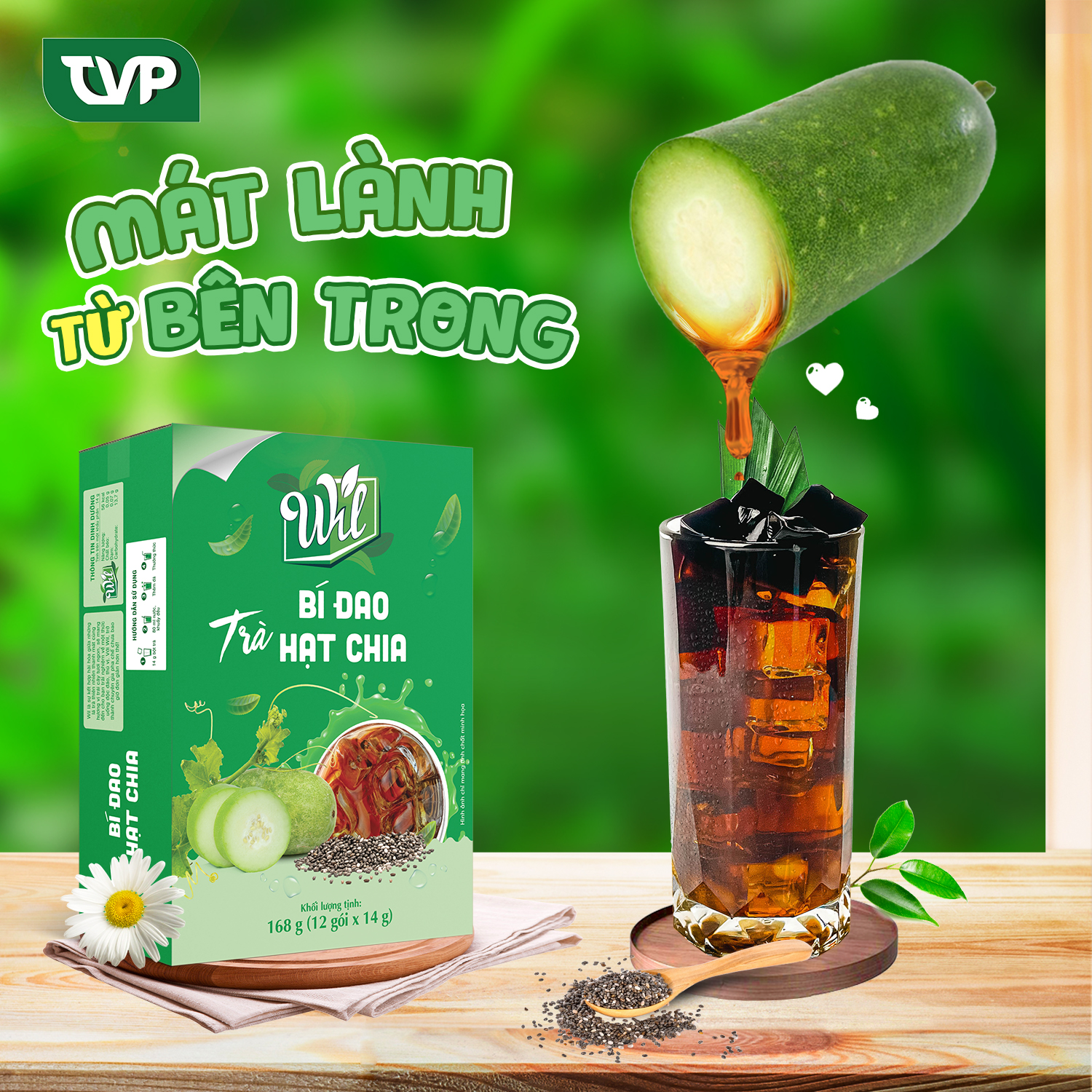 Trà bí đao hạt chia Wil trà hòa tan giải nhiệt thanh lọc cơ thể hộp 168g (12 gói x 14g)