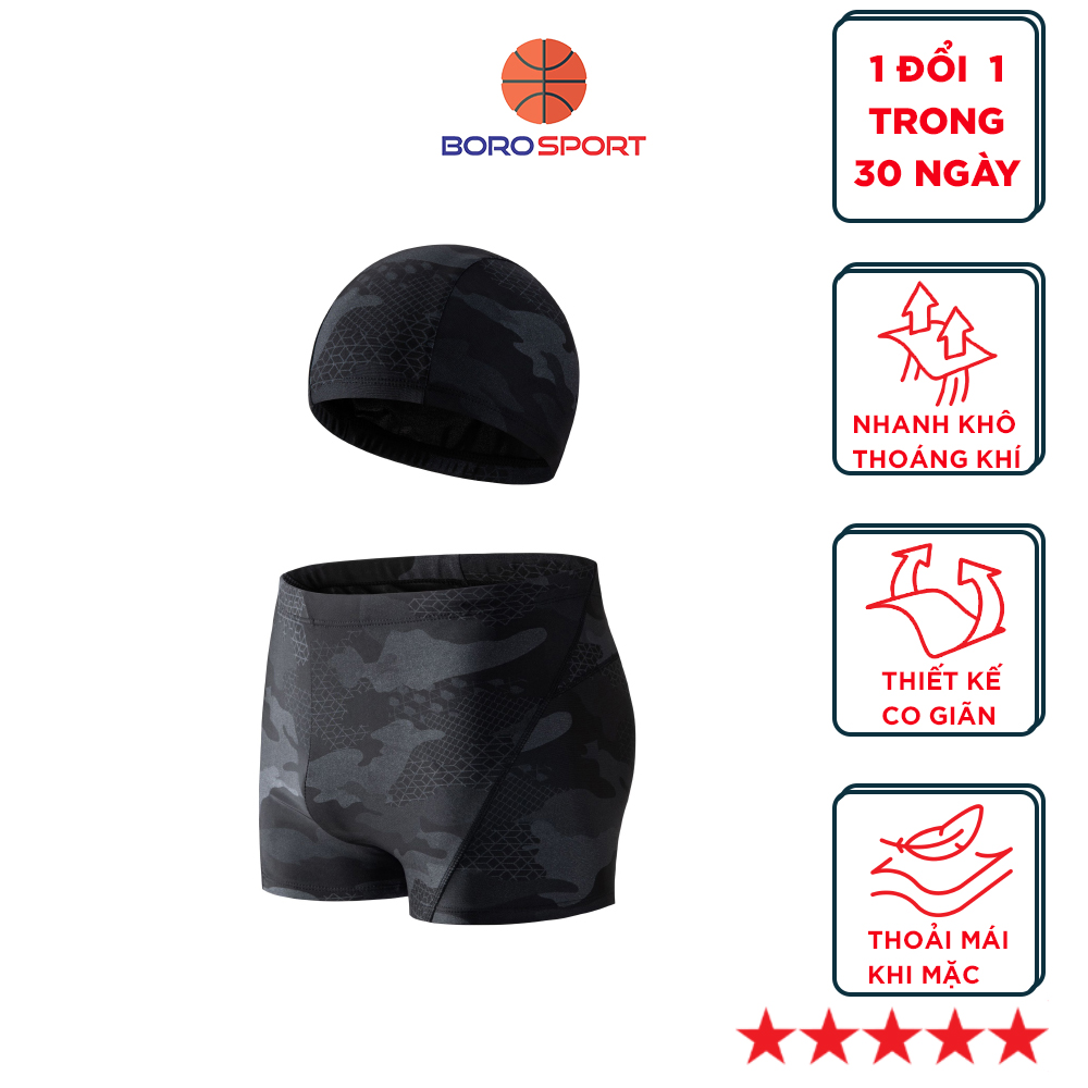 Quần bơi nam boxer  Cleacco màu đen Camo , chất vải  Poly co giãn 4 chiều , thoáng khí , thoát nước nhanh BORO SPORT - Tặng nón bơi vải
