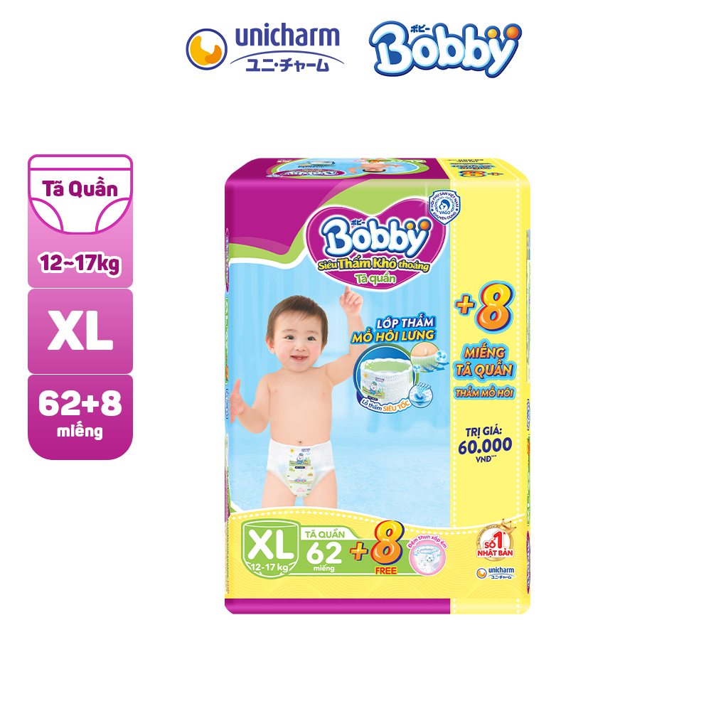 [Cộng Miếng] Tã Quần Bobby Siêu thoáng Super Jumbo M76 + 8 miếng thêm/ L68 + 8 miếng thêm/ XL62 + 8 miếng thêm/ XXL56 + 8 miếng thêm