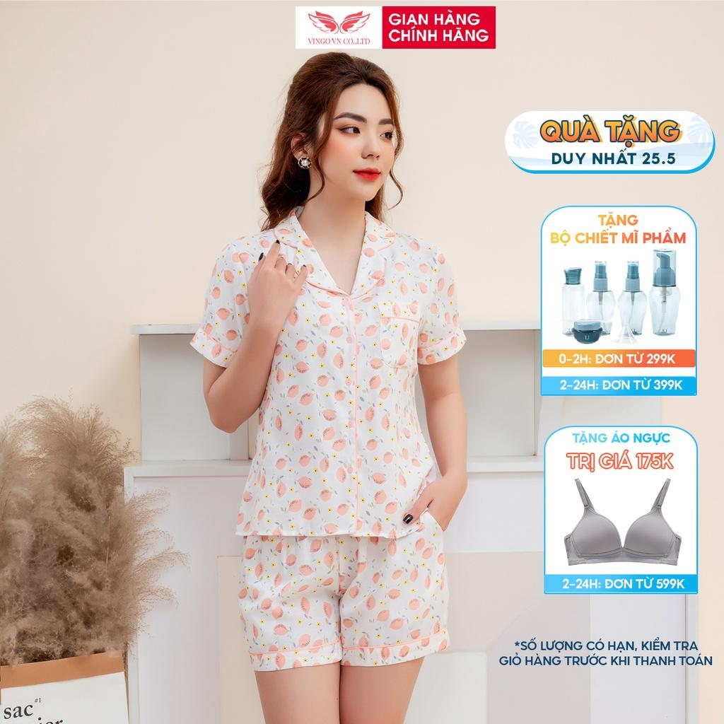 Bộ pijama mặc nhà nữ VINGO tay cộc quần cộc vải tơ đũi mềm mát mùa Hè họa tiết quả chanh hồng dễ thương H720 VNGO