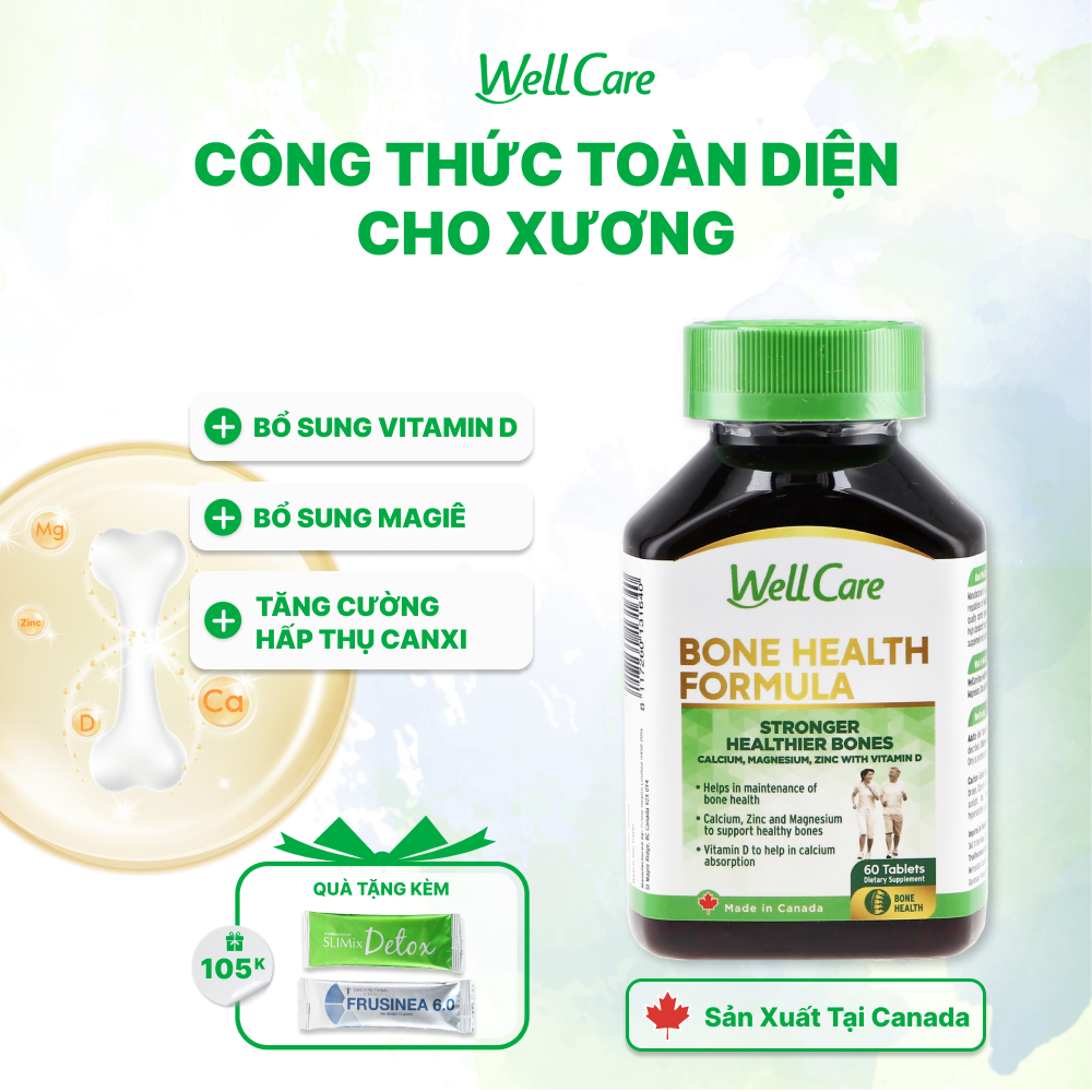 Viên uống bổ xương WellCare hỗ trợ cho xương chắc khỏe, phòng ngừa loãng xương với các thành phần từ Canxi, Magiê, Kẽm và Vitamin D (60 Viên/hũ) 