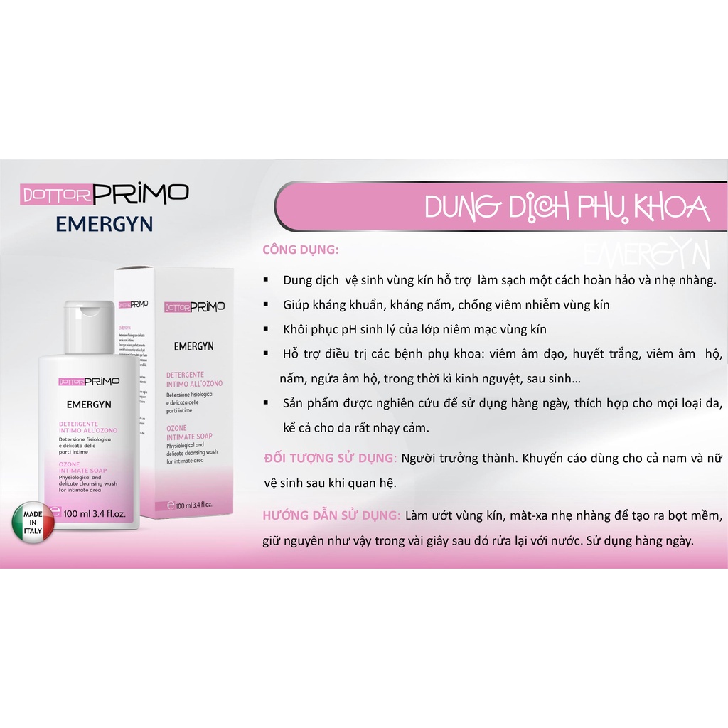 Dung Dịch Vệ Sinh Cho Nam &amp; Nữ Giúp Làm Sạch, Giảm Nấm Phụ Khoa DottorPrimo Emergyn (Chai 100ml)