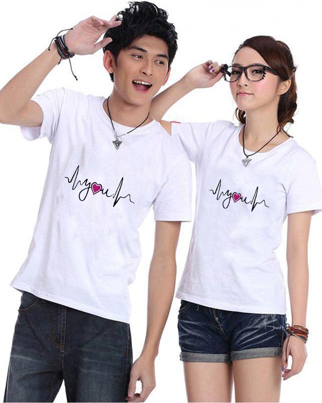 Bộ Áo Thun Đôi Nhịp Tim Yêu Màu Trắng Nam Nữ