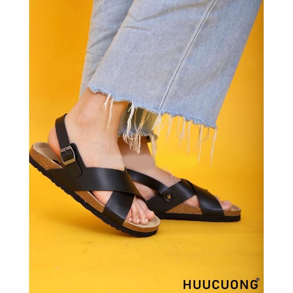 Giày Sandal Unisex Huucuong quai chéo đen đế trấu handmade