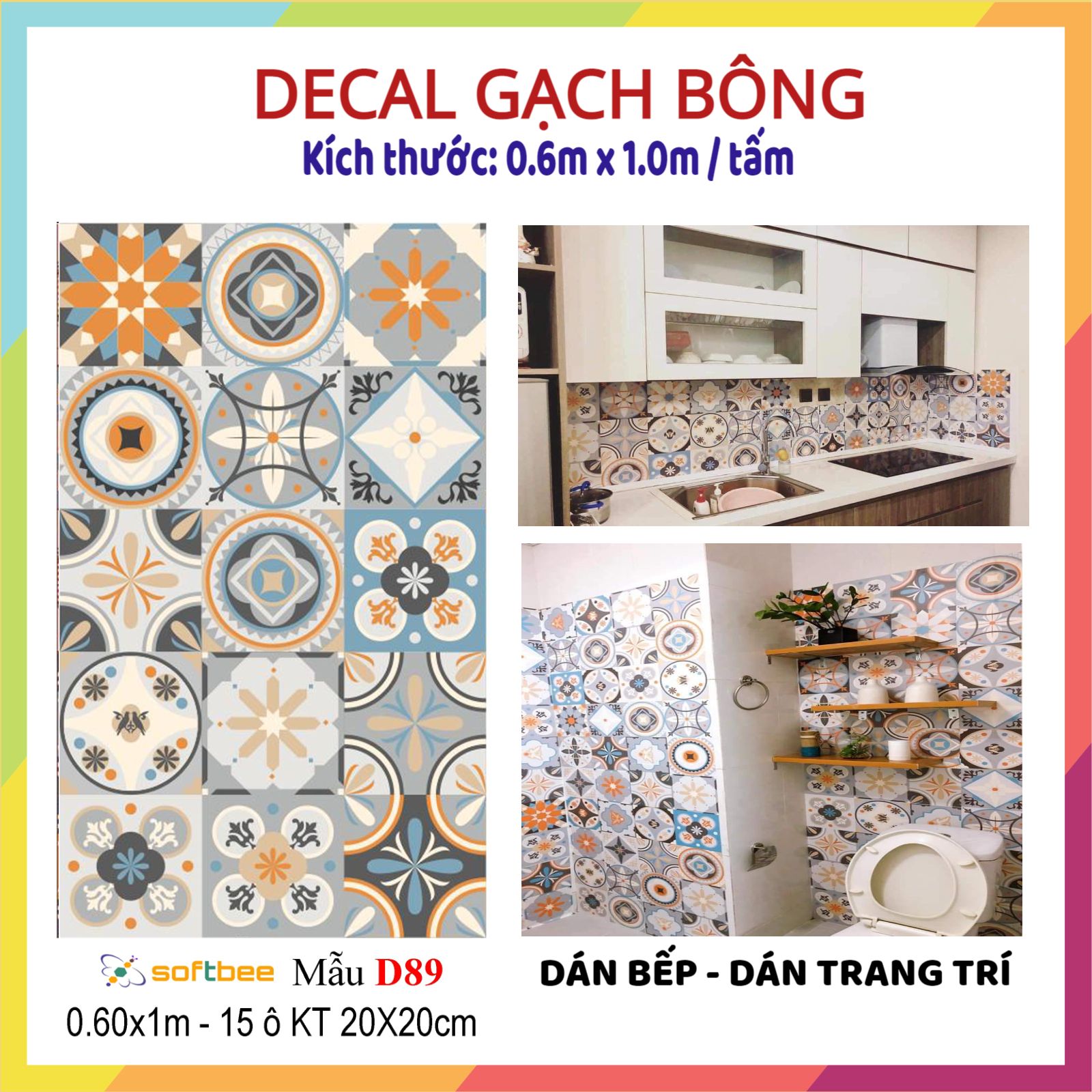 Decal gạch bông dán bếp, dán nhà tắm, dán trang trí không thấm nước, có keo mặt sau, hình ảnh in sắc nét