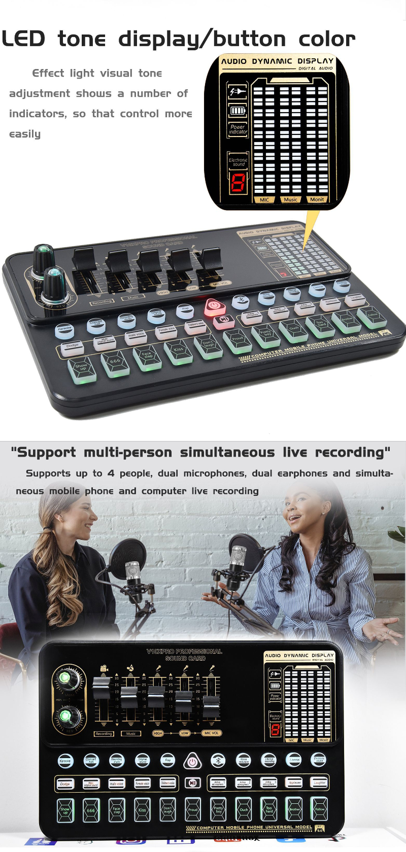 Card âm thanh phát sóng trực tiếp chuyên dụng BM800 Microphone Mixer V10X Pro Sound Card Condenser Game BT Audio
