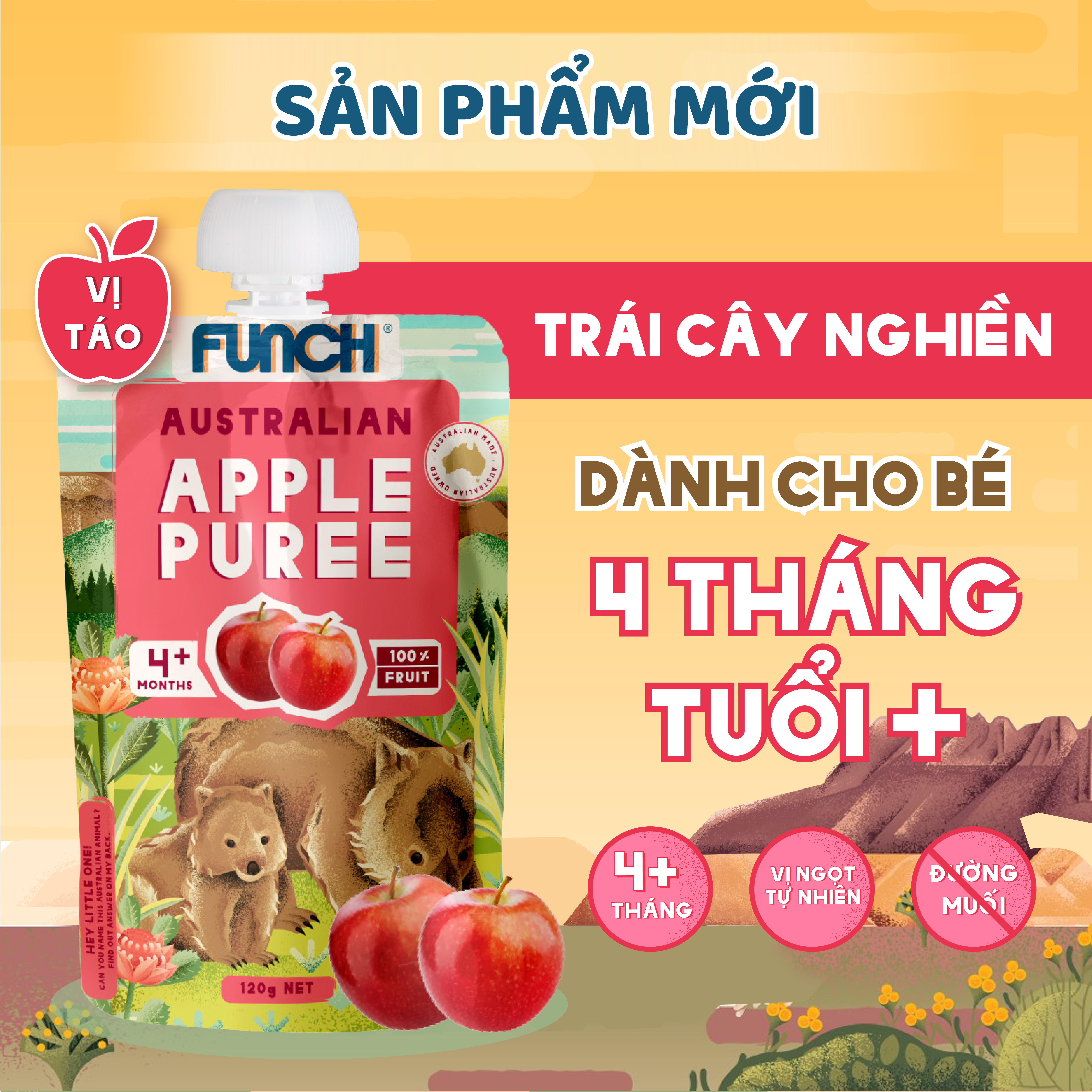 Trái Cây Nghiền Cho Bé Ăn Dặm Từ 4 Tháng Tuổi  FUNCH 100% Táo Xay Nhuyễn 120g