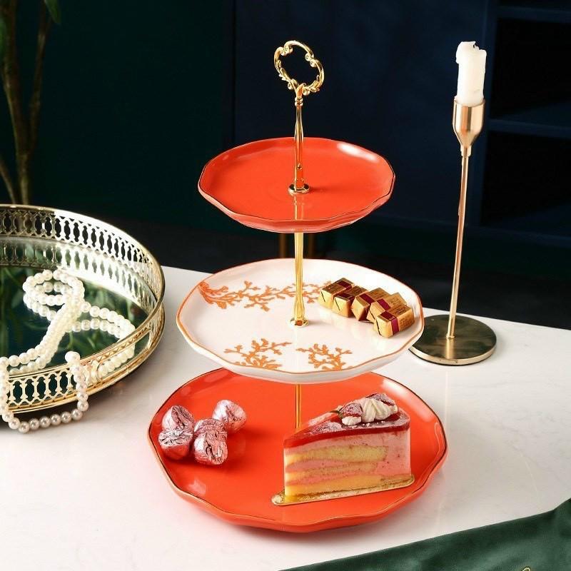 KHAY SỨ ĐỰNG BÁNH KẸO HOA QUẢ 3 TẦNG - CAM