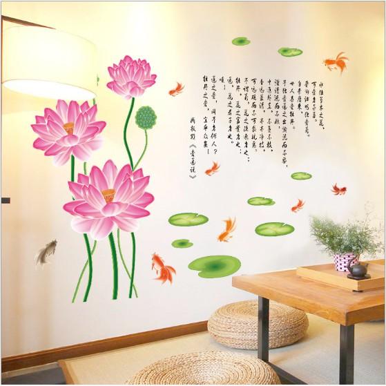 Decal trang trí hoa sen thư pháp