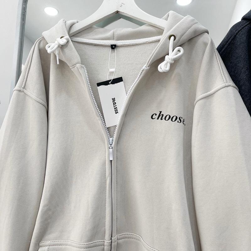 Áo khoác hoodie zip Choose màu xám kem có nón vải nỉ bông form rộng unisex nam nữ - SSSTore