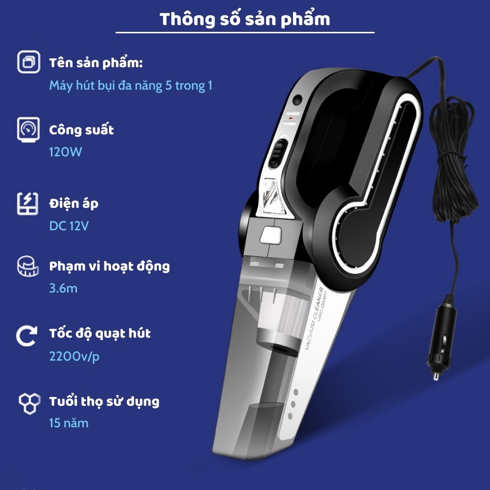 Máy hút bụi ô tô, máy bơm hơi ô tô cầm tay đa năng bốn trong một, đèn pin, đo áp suất công suất cao