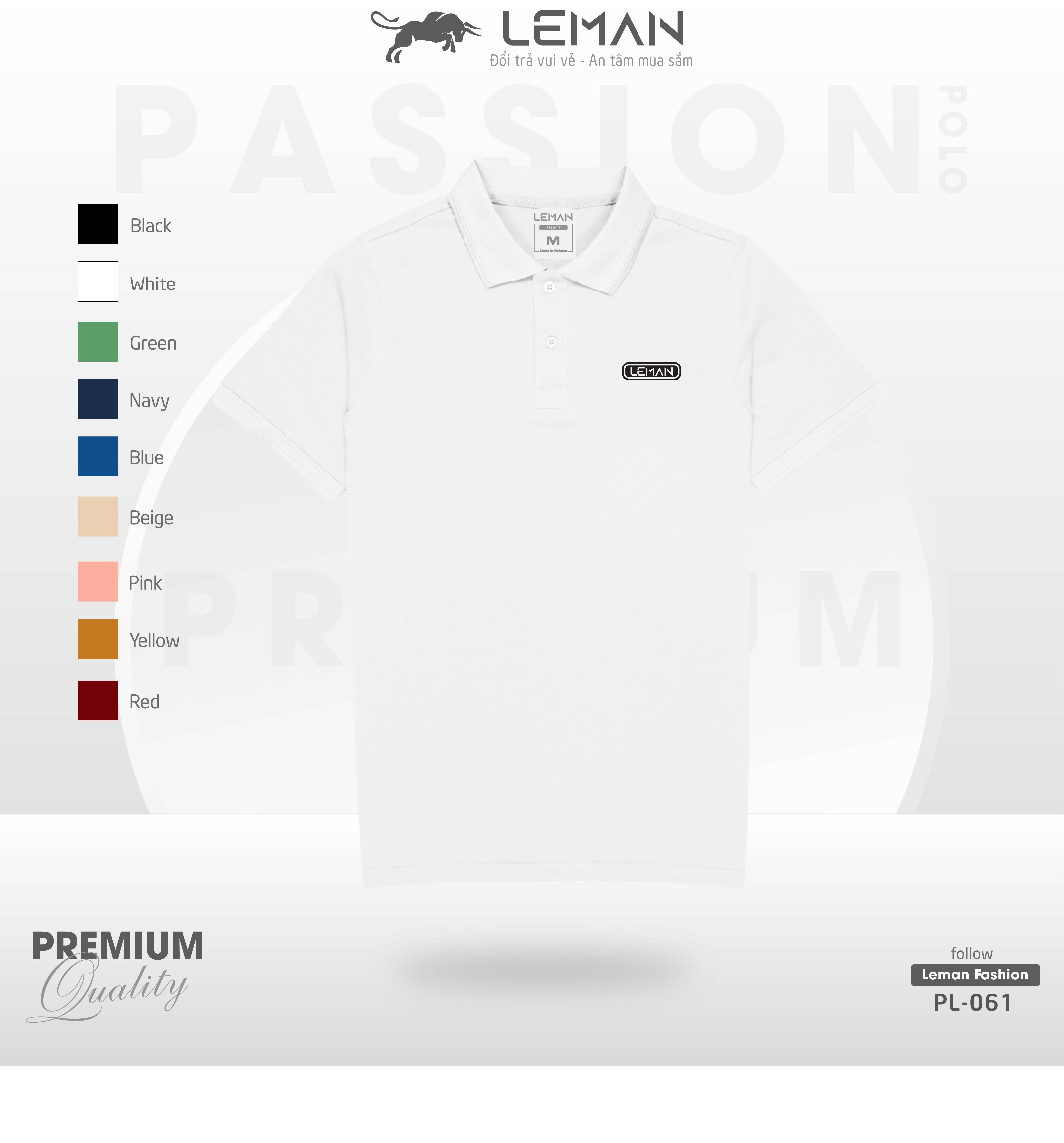 Áo Thun Polo Nam Leman Pl061 Vải Cvc Premium Pique Phom Slimfit Tôn Dáng - Trắng - S 55 - 73Kg