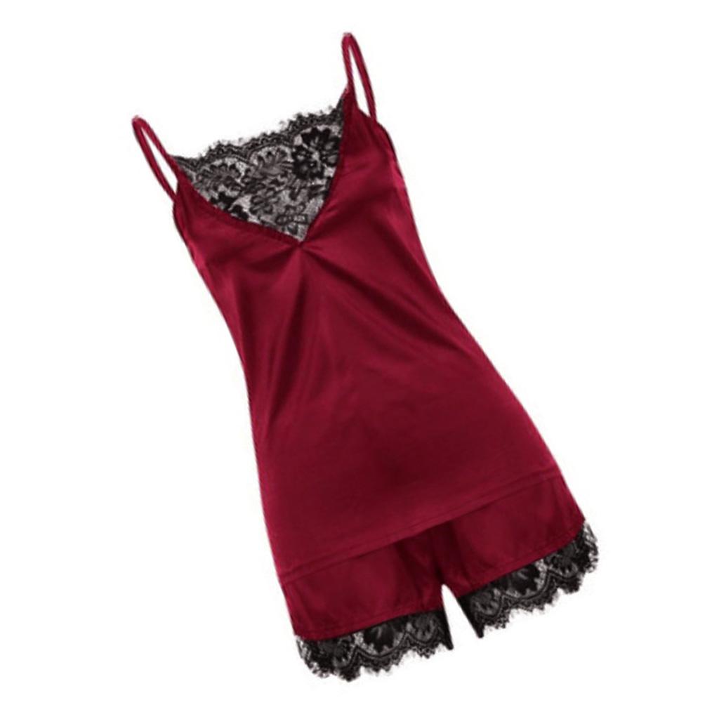 Wine Red Women's Lace Satin Sleepwear Cami Top and Shorts Pajama S